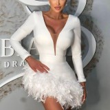 Spring Summer Women's Sexy Deep V Bodycon Feather Patchwork Party Gown Dress