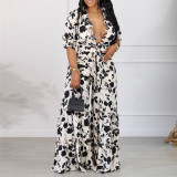Sexy Printed Ruffle V-Neck Lace-Up Top High Waist Wide Leg  Pants Plus Size Two Piece Set