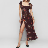 Summer Women's Sweet Style Slim-Fit Floral Slit Strap Dress