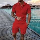 Men's Summer Fashion Casual Printed Turndown Collar Polo Shirt Shorts Two Piece Set