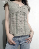 Pleated Sleeve Button Folded Lace Tight Fitting Top