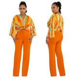 Fashion Women's V-Neck Printed Top Solid Color Straight-Leg Pants Summer Two Piece Set