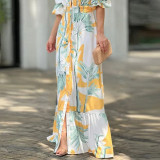 Spring Ladies Fashion Chic Elegant V-Neck Puff Sleeve Printed Dress