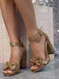 Fashion Shiny Bow Formal Party Ankle Strap Thick High-Heeled Sandals Heels