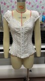 Pleated Sleeve Button Folded Lace Tight Fitting Top