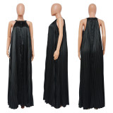 Women's Fashion Straps Sleeveless Faux Silk Pleated Large Swing Dress
