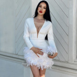 Spring Summer Women's Sexy Deep V Bodycon Feather Patchwork Party Gown Dress