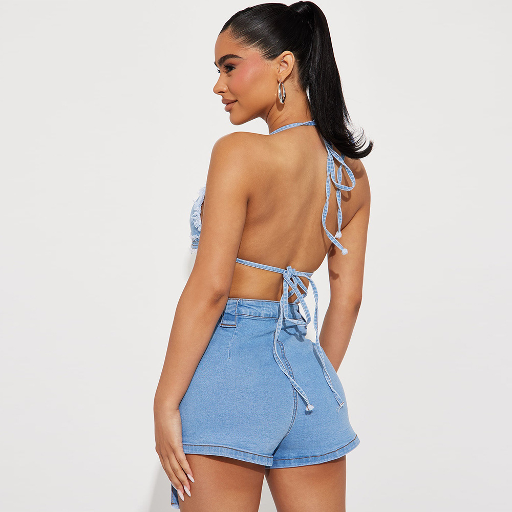 Pinepear Women Sexy Jeans 2 Piece Set Halter Backless Bra Top Zipper Back  Cross Lace Up Shorts Fashion Summer Denim Suit Outfit - Short Sets -  AliExpress