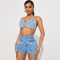 Women's Summer Sexy Fashion Cargo Pocket Shorts Wrapped Denim Bra Top Two Piece Set