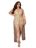 Women Fashion Sexy Spring Summer Deep V Plus Size Straps Sequin Tassel Low Back Party Dress