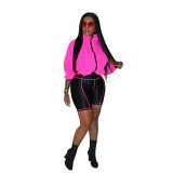 Fashion Ladies Summer Contrast Color Patchwork Long Sleeve Shorts Tracksuit