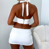 Summer Ladies Suit Sexy Halter Neck Zipper Slim Waist Slit Low Waist Skirt Set
