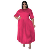Plus Size Women's Fall Winter Pleated Round Neck Long Dress Short Sleeves