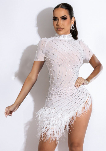 Summer Women's Sexy Mesh Beaded Tassel Short Dress