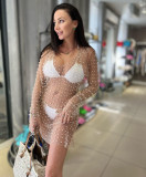 Spring Summer women's sexy bright diamond beads mesh long-sleeved v-neck slit beach dress