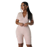 Summer Women's Sexy Tight Fitting Short Sleeve Solid Color Jumpsuit