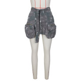 Vintage Bodycon Women's Spring Summer Camouflage Lace-Up Slim Waist Patchwork Pocket Cargo Skirt