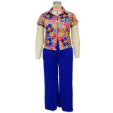 Summer and Fall Plus Size Two-Piece Printed Casual Jacket and Pants Set
