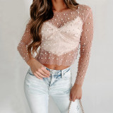Women's sexy beaded mesh lace shirt long-sleeved tops