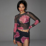 Fashion two-piece sexy mesh long-sleeved top slim-fit short slit printed skirt set