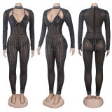 Sexy Beaded Pearl Strip Trendy Stretch Tight Fitting Jumpsuit
