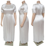 Plus Size Women's Fall Winter Pleated Round Neck Long Dress Short Sleeves