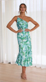 Summer Fashion Chic Slash Shoulder Sling Mermaid Print Dress