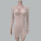 Spring Summer women's sexy bright diamond beads mesh long-sleeved v-neck slit beach dress