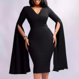 Women's Fashion V Neck Dress Solid Color Flying Sleeves Tonle Long Sleeve Pencil Dress