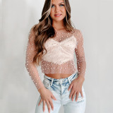 Women's sexy beaded mesh lace shirt long-sleeved tops