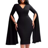 Women's Fashion V Neck Dress Solid Color Flying Sleeves Tonle Long Sleeve Pencil Dress