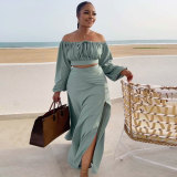 Plus Size Women Sexy Off Shoulder Balloon Sleeve Top and Skirt Two-Piece Set