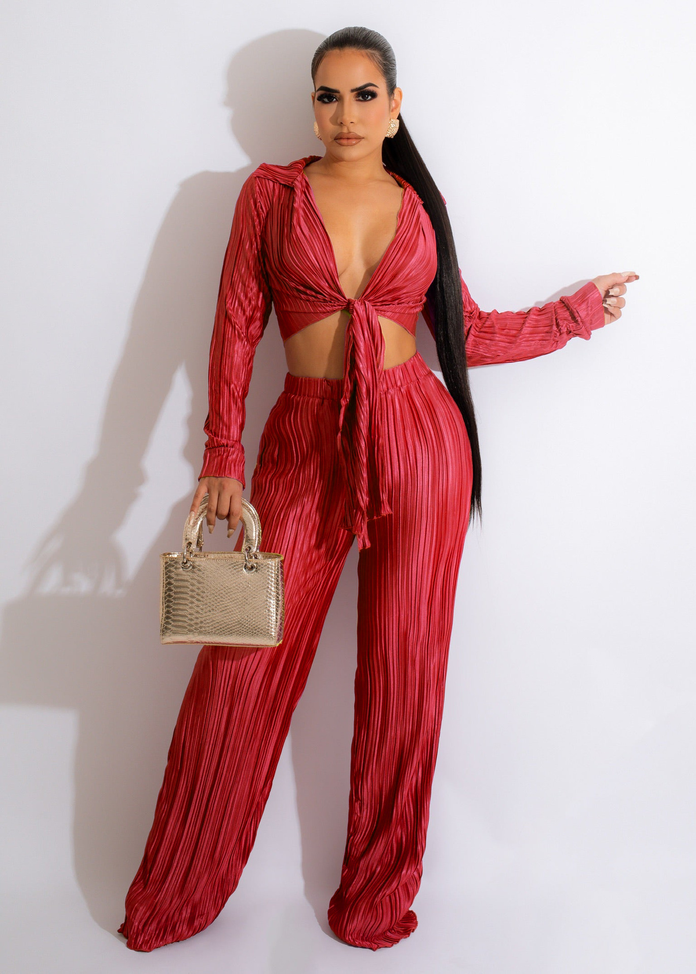 Women' Lace-Up Pleated Top and Pant Two-Piece Set - The Little Connection