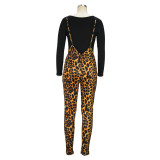 Women Leopard Print Long Sleeve Top and Print Overalls Two-Piece Set
