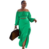 Plus Size Women Sexy Off Shoulder Balloon Sleeve Top and Skirt Two-Piece Set