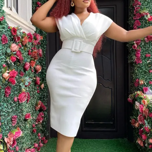 Plus Size Women Summer V Neck Dress with Belt