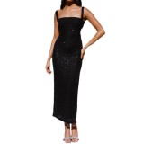 Women Square Neck Pleated Split Sequined Backless Evening Gown