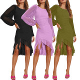 Women Long Sleeve Mesh See-Through Clipped Ruffle Dress