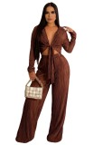 Women' Lace-Up Pleated Top and Pant Two-Piece Set