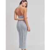 Women Sleeveless Sexy See-Through Halter Neck Cutout Backless Maxi Dress