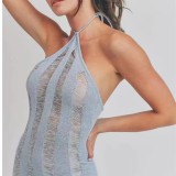 Women Sleeveless Sexy See-Through Halter Neck Cutout Backless Maxi Dress