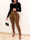 Women Leopard Print Long Sleeve Top and Print Overalls Two-Piece Set