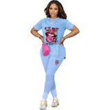 Women Printed Short Sleeve Top and Pant Casual Two-Piece Set