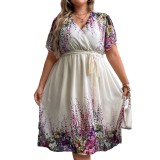 Plus Size Printed V-Neck Belted Women's Dress