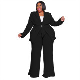 Plus Size Women's Fashion Chic Professional Casual Long Sleeve Coat Belted Trousers Two-Piece Set