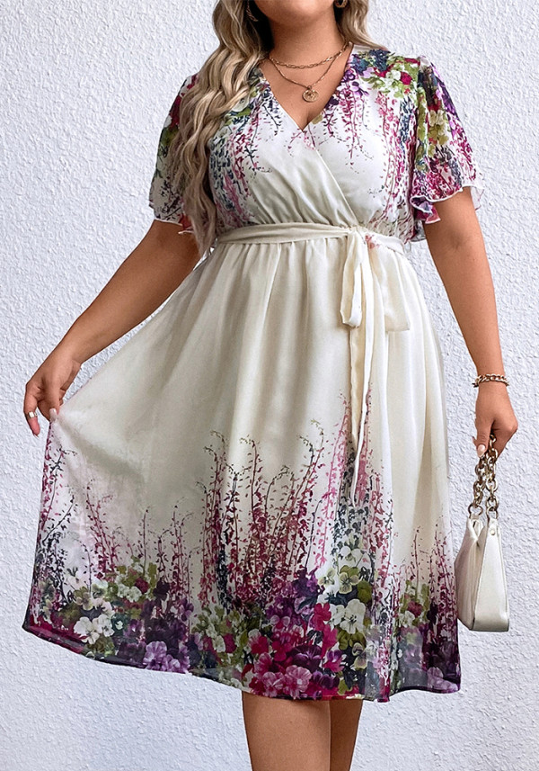 Plus Size Printed V-Neck Belted Women's Dress