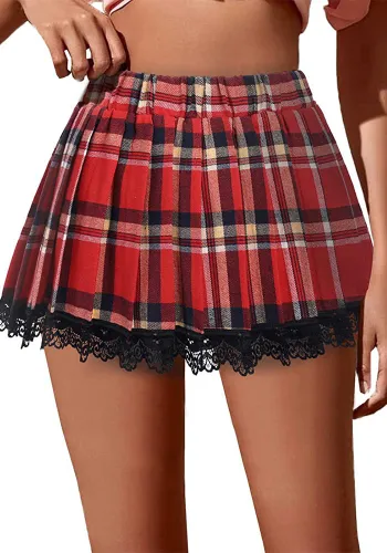 Women's Plaid Lace Skirt High Waist Pleated Mini Skirt