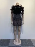 See-Through Slim Feather Beaded Sleeveless Strapless Bodycon Dress