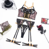 Embroidered Stitching Leopard Mesh Fashion Color Contrast Sexy Underwear Lingerie Set