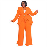 Plus Size Women's Fashion Chic Professional Casual Long Sleeve Coat Belted Trousers Two-Piece Set